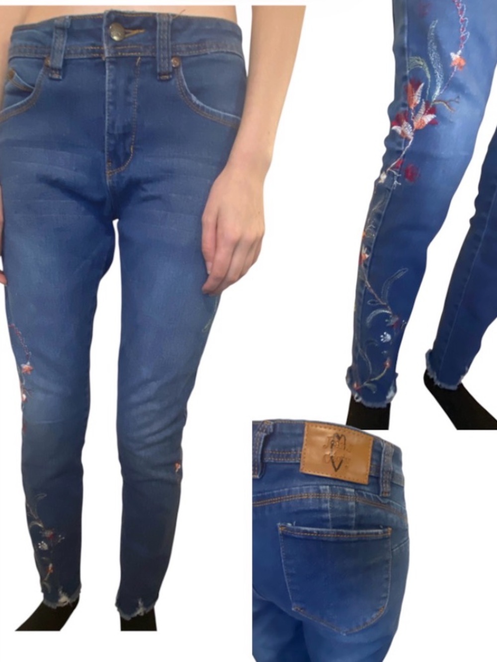Jeans colony Embroidered Skinny Mid Blue Stretch Denim size 5 y2k raw hem boho
